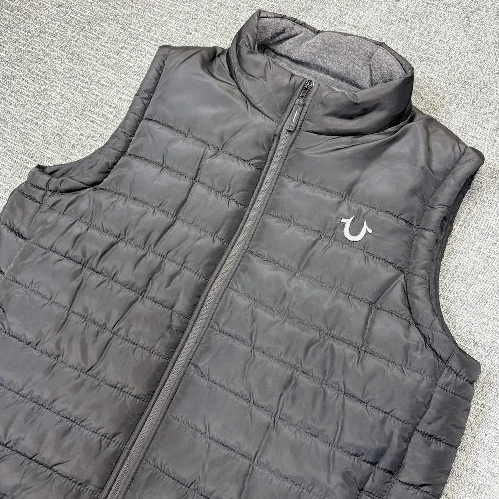 True Religion Puffer Vest Mens Large Black Full Zip Quilted Logo